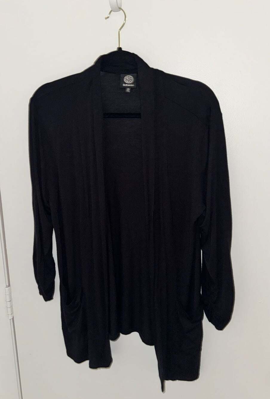 Bobeau Open Front Cardigan Size M Black Pocket Ruched Sleeve